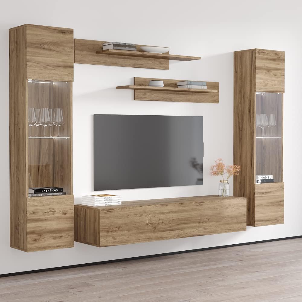 Meble Furniture Fly A4 30TV Stand Wall-Mounted Entertainment Center — Floating Design with Storage Shelves and 16-Color LED Lighting — High Gloss Matte Finish, 59.1 x 15.7 x 19.7 inches — Oak
