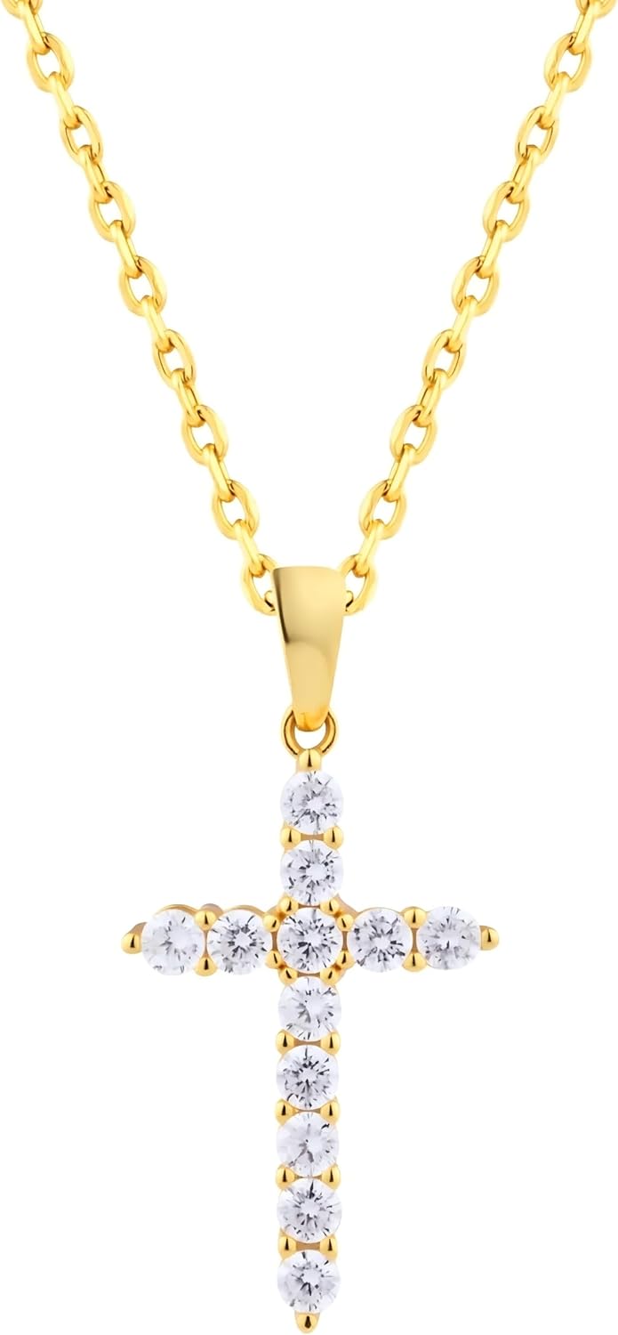 Cross Pendant Necklace for Women, 14K Gold Plated S925 Sterling Silver with Sparkling Cubic Zirconia, Religious Jewelry Gift of Faith, Baptism, Confirmation Gift for Her