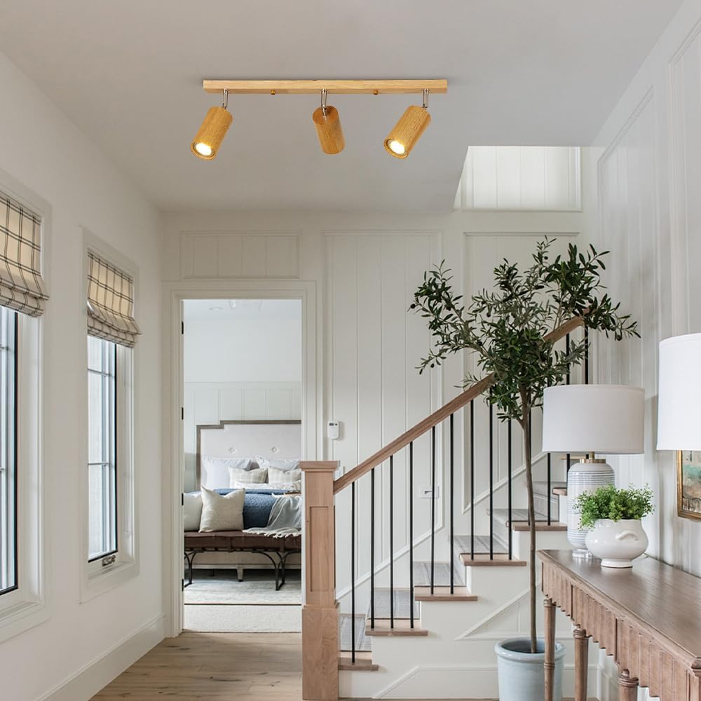 Adjustable Ceiling Spotlight Wood Fixed Track Lighting for Kitchen Island, 360°+90° Rotation Ceiling Spot Light Fixture Dining Room Display Wall GU10 Directional Spotlights