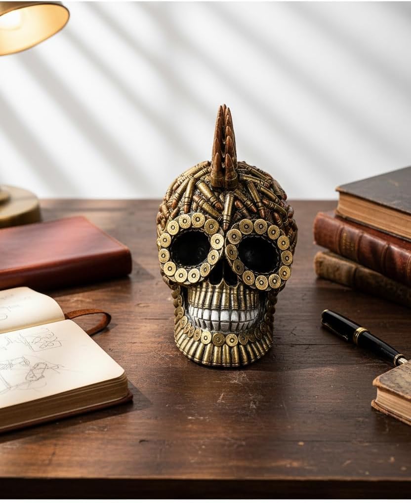 Urbalabs Billy Bullet Shells Steampunk Skull Mohawk Cartridge Casings Skull Statue Skeleton Head Figurine Hunting Skull Decor Bullet Art
