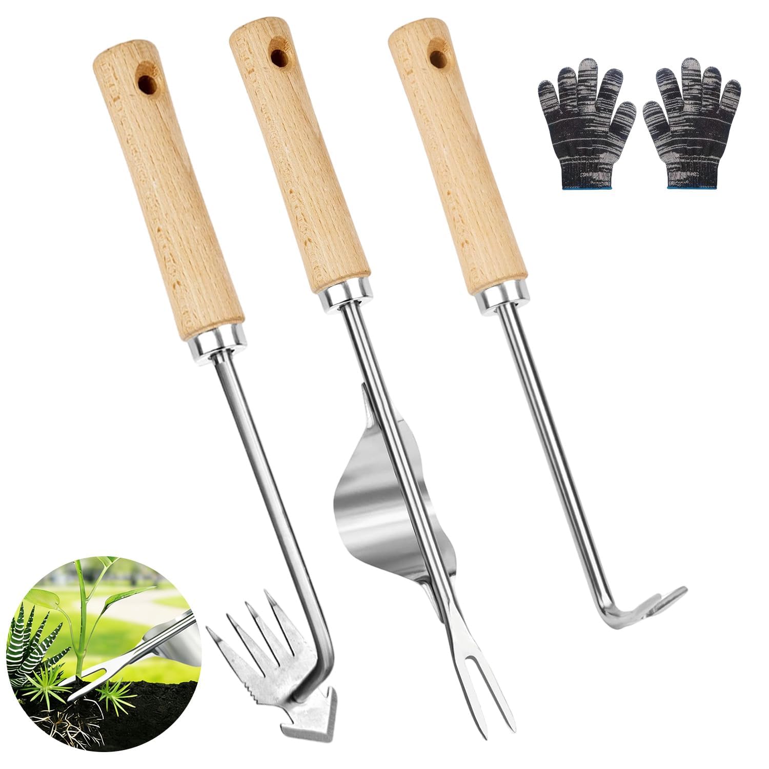 Weed Remover Tool - 3 Piece Weeding Tool,Weed Puller Root Remover, Stainless Steel Hand Weeder Tool, Dandelion Remover Tool, 30cm Weed Removal Tool with Wood Handle, Garden Tools for Gardening Moss