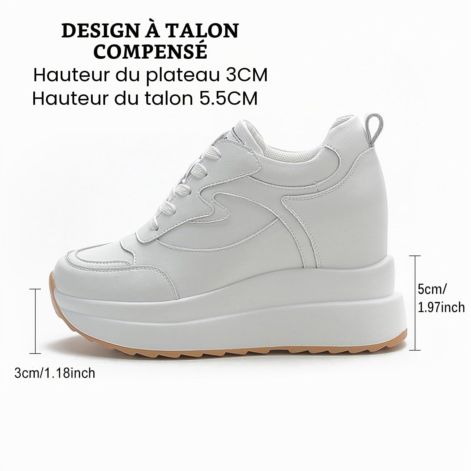 AONEGOLD Baskets Talon Compensées Femme Plateforme Chaussure de Sport Casual À Lacets Baskets Cuir Mode Chaussures Talon de 10 cm à L'intérieur Hausse