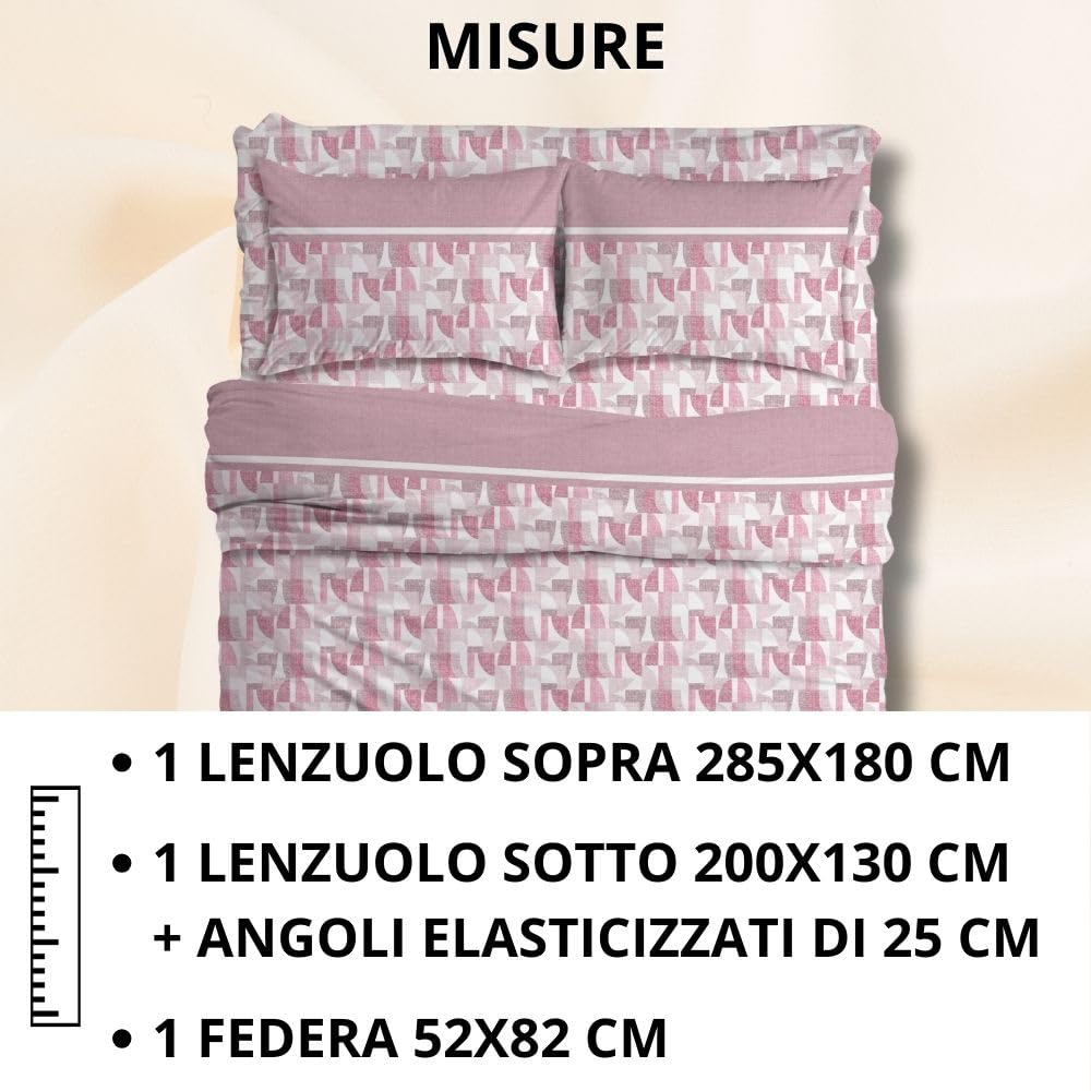MAXIME MAISON - Completo Lenzuola Una Piazza e Mezza Cotone Stampate, Set Lenzuola 1 Piazza e Mezza con Federa, Lenzuolo in Cotone Anallergico, Biancheria da Letto Made in Italy (Dream Cipria)