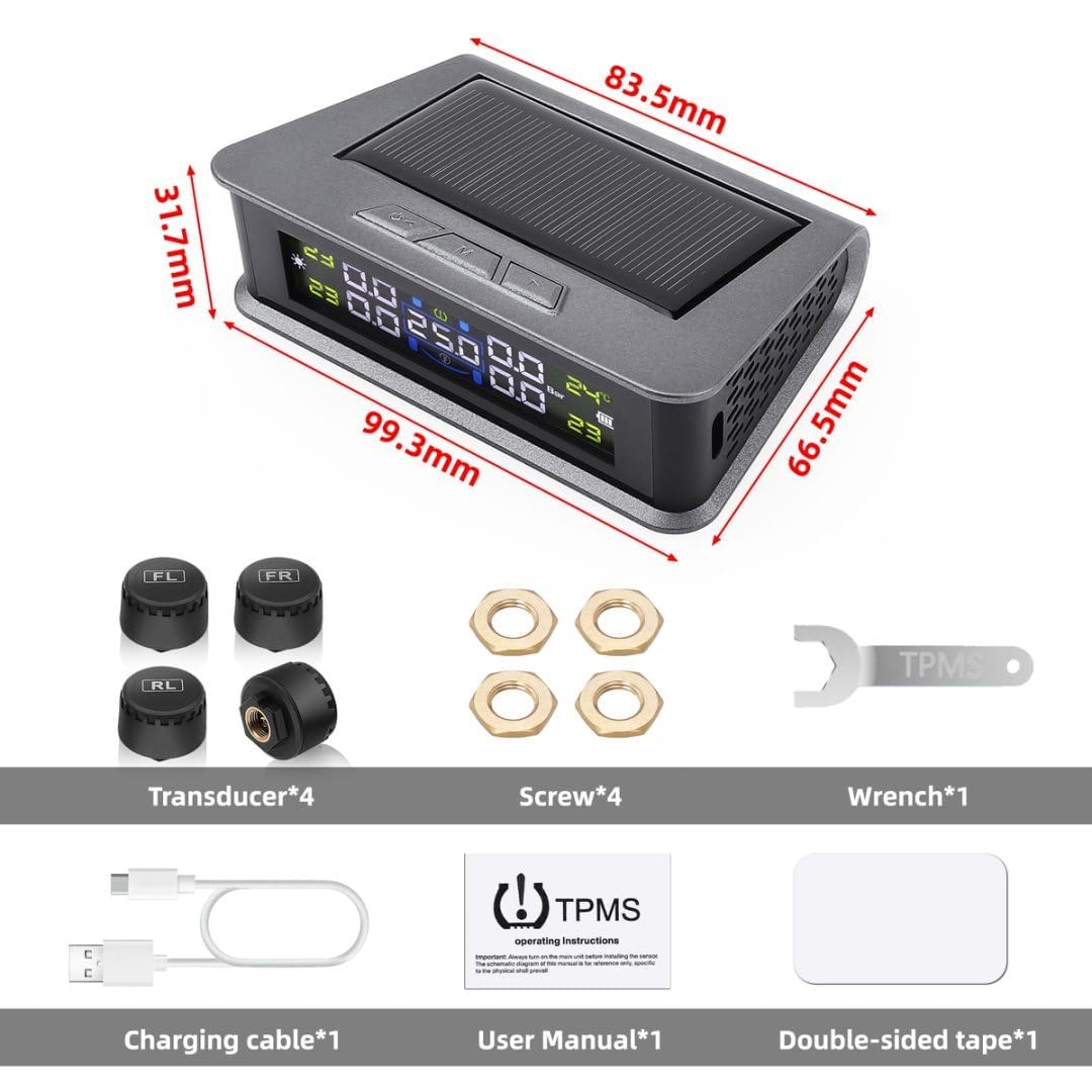0-5 Bar Sistema di Monitoraggio della Pressione dei Pneumatici TPMS, Solare Wireless e Ricarica USB, 5 modalità di Allarme, 4 Gomme Sensori Esterni, Gamma, Universale per Auto SUV Camper