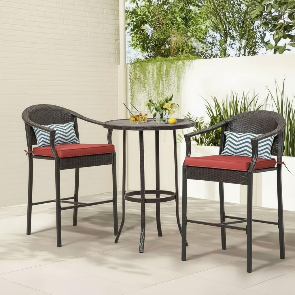 LOCCUS 3-Piece Outdoor Wicker Bar Table Set – All-Weather Rattan Patio Furniture with 2 Bar Stools & Glass Top Table for Balcony, Garden, Backyard (Black & Red)-image-16