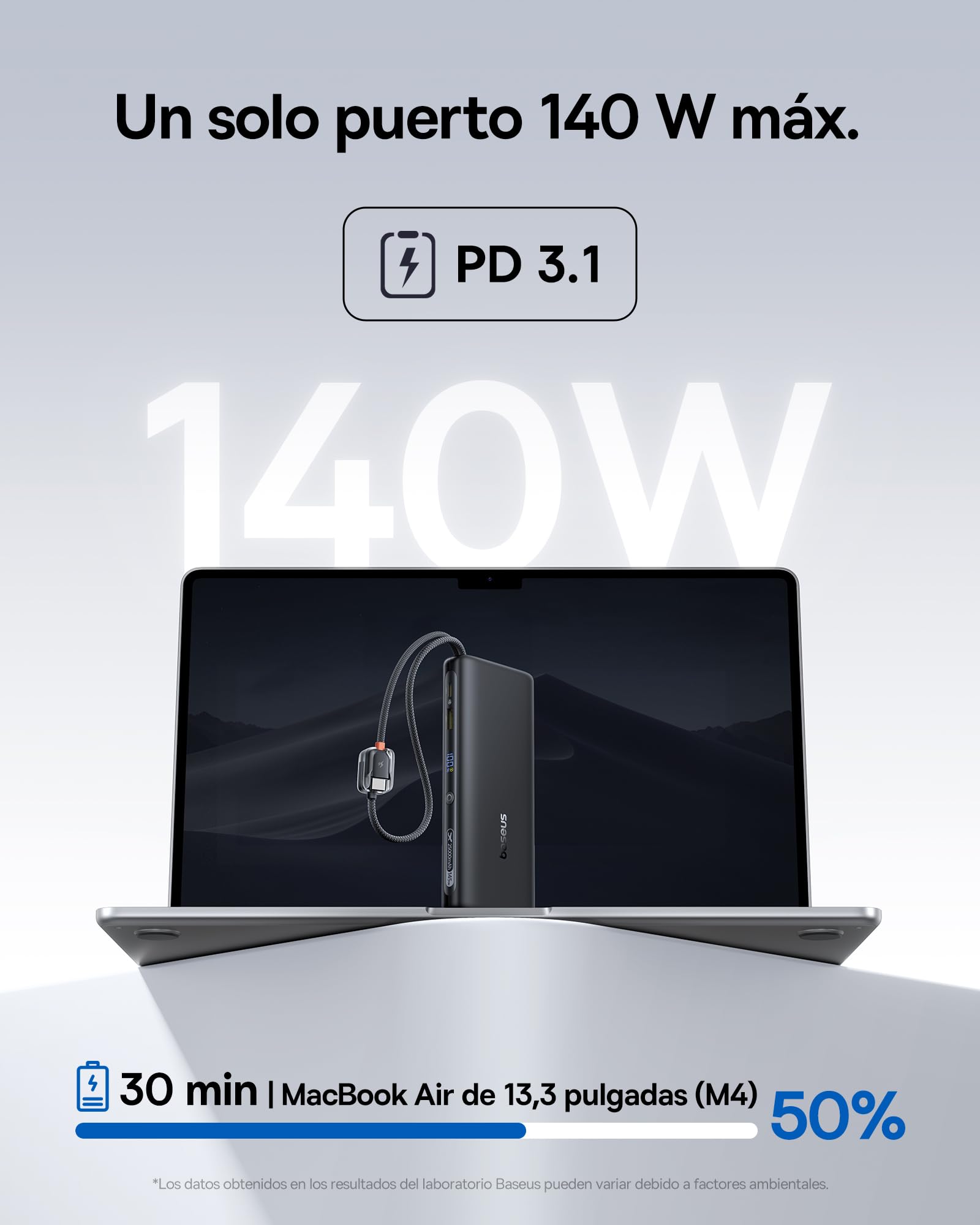 Baseus FC41 145W 25000mAh Powerbank Laptop Schnellladen Power Bank mit 2 integrierte USB-C Kabel Externe Handyakkus für MacBook Pro, iPhone 17/16/15, DELL, HP, SteamDeck, Samsung, Negro