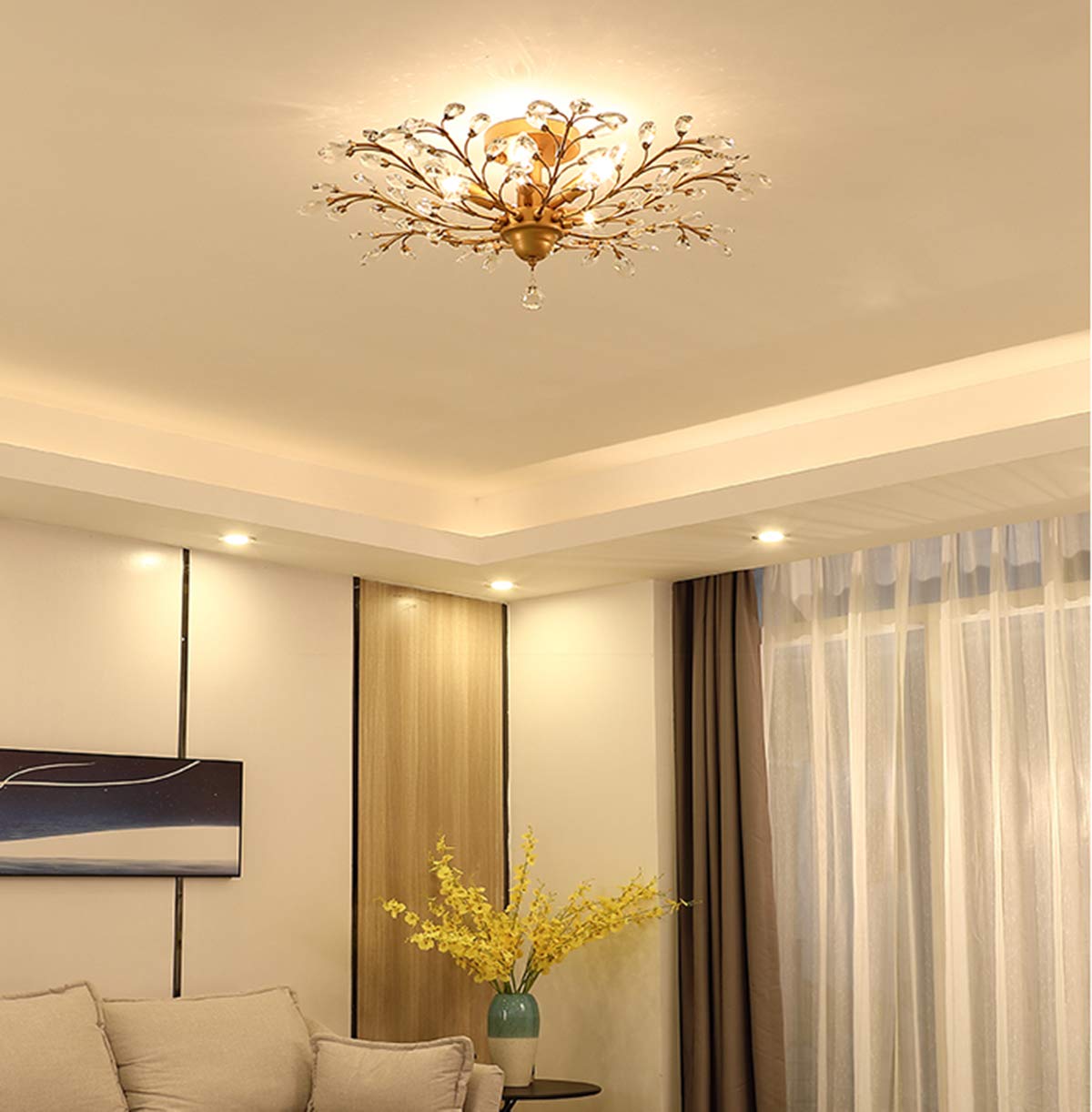 Ganeed Crystal Chandeliers,Vintage K9 Clear LED Ceiling Lighting,Edison Pendant Light Flush Mounted Fixture with 5 Light for Living Room Dinning Room Restaurant Porch Hallway (Gold)