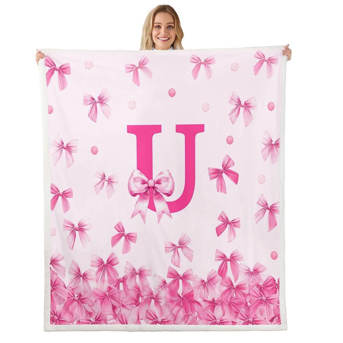 Couverture 220x240cm Filles Mignon Rose Bowknot Plaid Couverture Polaire Monogrammed Jeté de Canapé Personnalisé Lettre U Flanelle en Microfibre Coquette Bowknot pour Canapé et Lit
