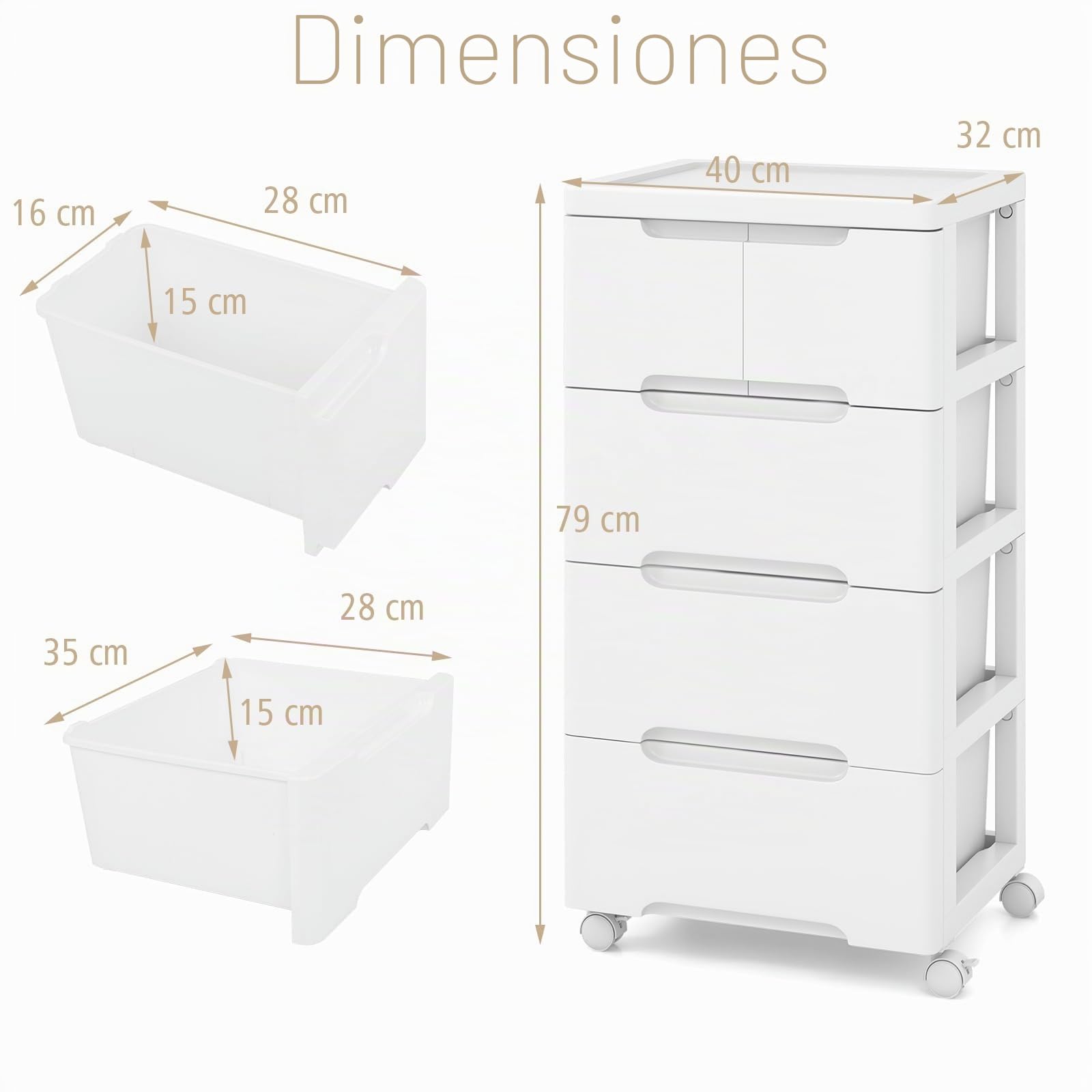 KOMFOTTEU Cómoda Estrecha con Cajones, Cajonera de Plástico con 4 Ruedas, Mueble de Almacenamiento Vertical para Dormitorio, Baño, Oficina, Blanco (4 Niveles)