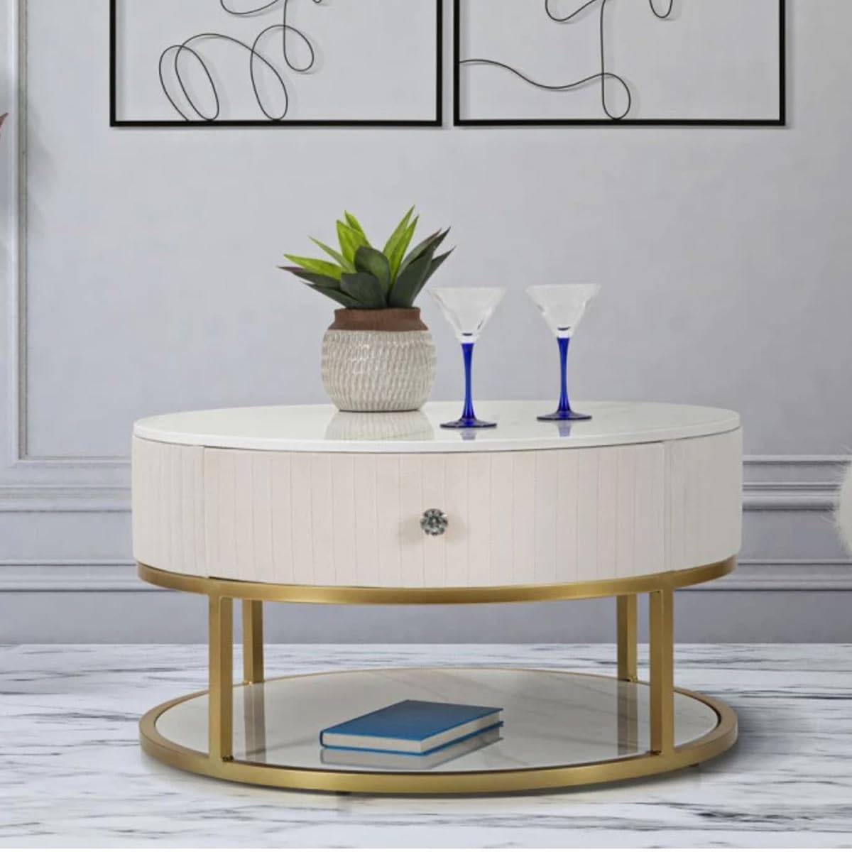 Paris Prix Table Basse Effet Marbre Montpellier 75cm Crème & Or