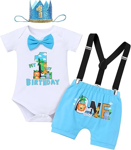 IBTOM CASTLE Traje de 1er cumpleaños para bebé niño, mameluco de animales del bosque de la selva, bombachos y tirantes, 3 piezas, ropa para