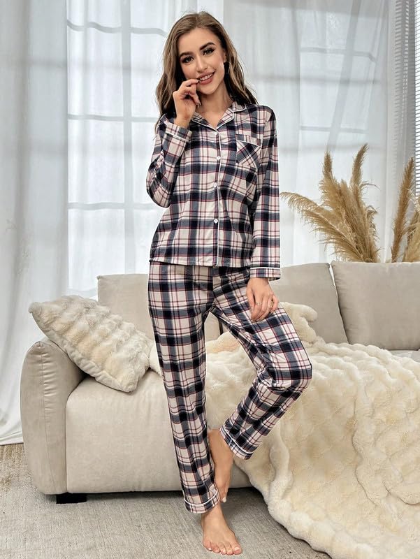 Image of Night Suit for Women with Full Sleeve Button-Down Top with Pant Dress for Woman,Night Dress for Woman, Two-Piece Loungewear Set