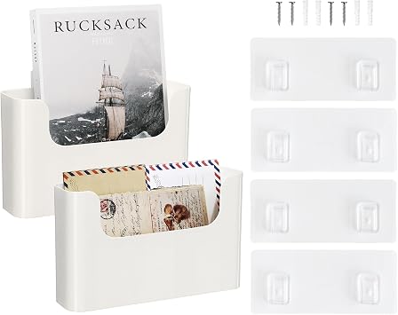 Wall Mount Folder Holder File Organizer Hanging File Mail Organizer Magazine File Holder with 4-Pack Adhesive Pads