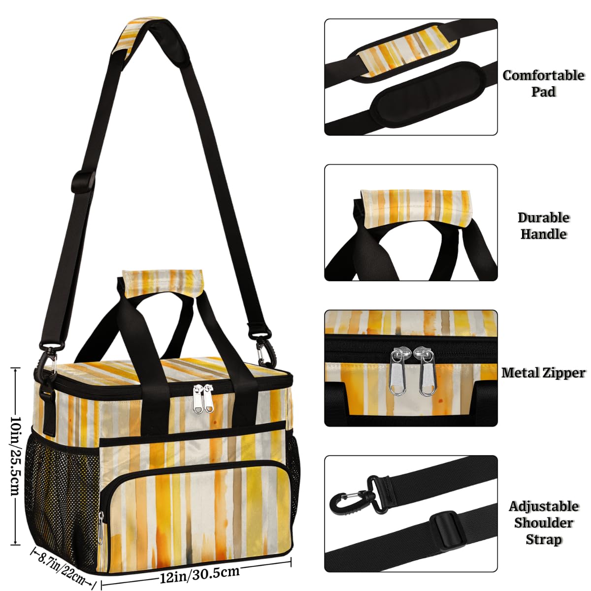 Yellow Watercolor Insulated Picnic Backpack Lunch Box for Women Men Picnic Basket Tote Lunch Bag Picnic Bag Portable Lunch Bags for Picnic, Beach, Work, Trip,Office, Camp Abstract Colorful Stripes