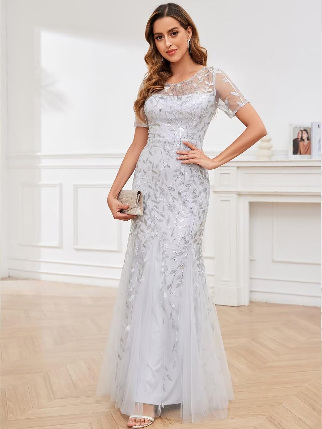 Mollyevers Mermaid Floral Sequin Mother of The Bride Dresses for Women Short Sleeve Formal Evening Gowns