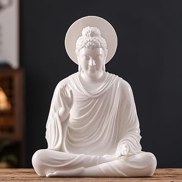 Houlu 12.8 Inch White Buddha Statue for Home Decor, Meditating Buddha Statue with Halo, Ceramic Buddha Statues Indoor/Outdoor for Meditation and Spiritual Decor