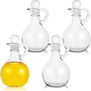 Suclain 4 Sets 12oz Glass Oil and Vinegar Cruet Set Round Oil Dispenser Olive Bottle with Airtight Stopper Salad Dressing Bottle Glass Condiment Container for Kitchen Homemade Olive Condiment(Clear)