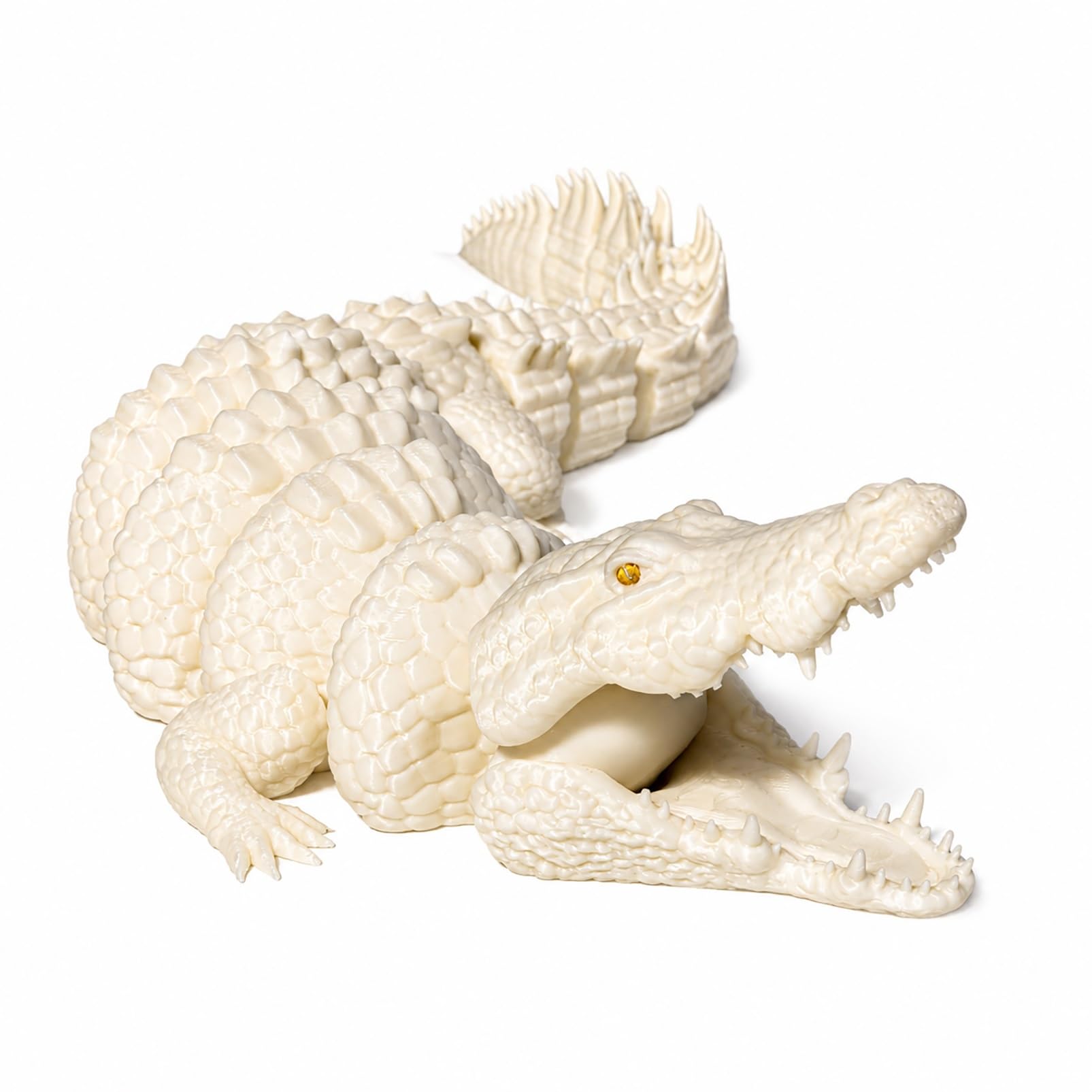CASOME 3D Printed Articulated Crocodile Figurine, Movable Alligator Sculpture For Home Decor, Realistic Reptile Desk Ornament, Poseable Crocodile Model For Collectors And Reptile Lovers(White,L)