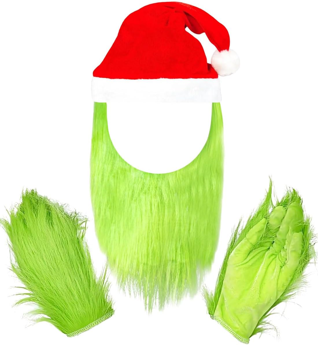 Christmas Santa Hat and Beard with Furry Gloves, Green Monster Costume Accessories for Women Men, Cosplay Party Prop