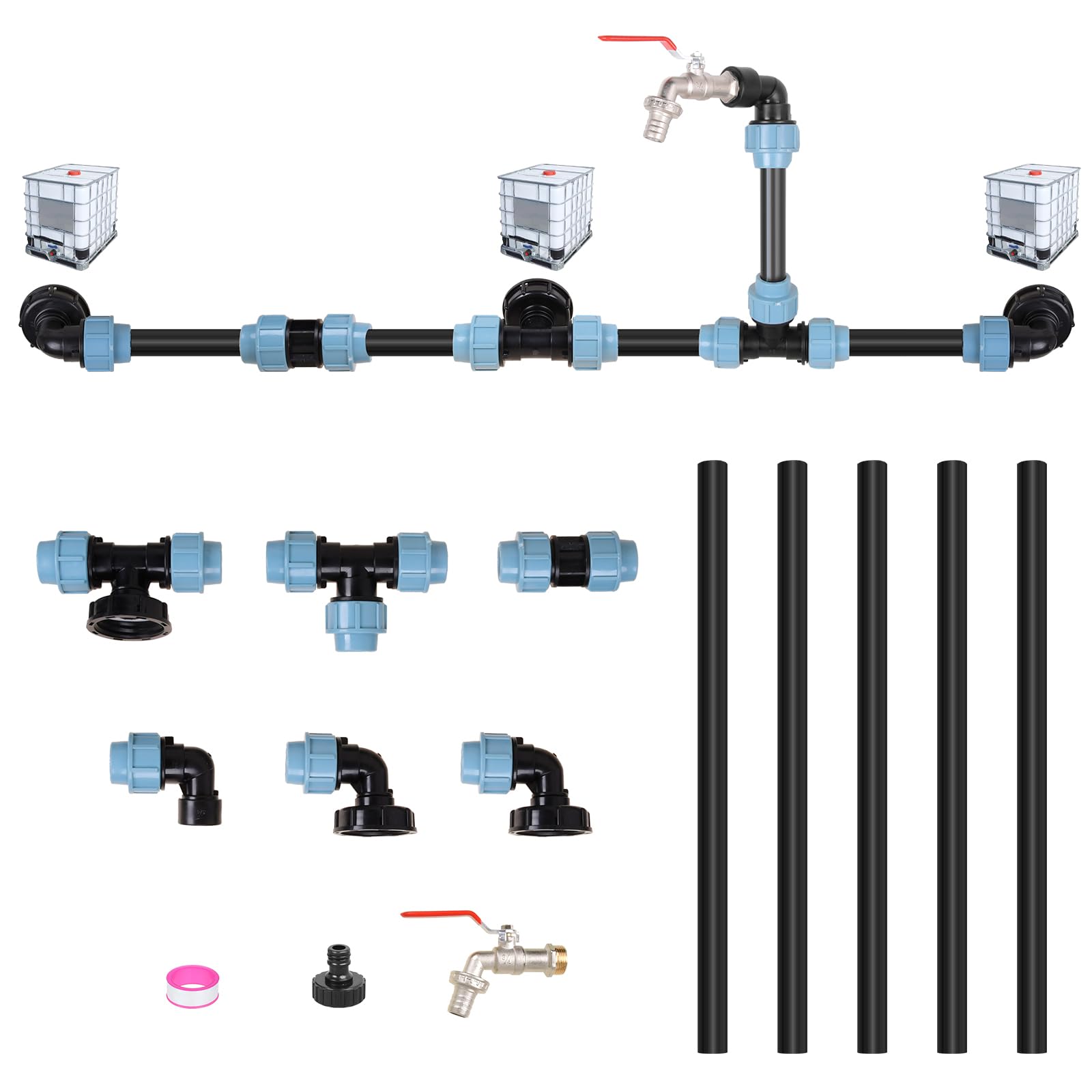 IBC Connection Sets, IBC Adapter Connection Set for 3 IBC Tanks Side by Side/Rain Tanks Including 3/4 Inch Swan Neck Garden Tap Outlet Hose Screw Connection Rain Butt Hose