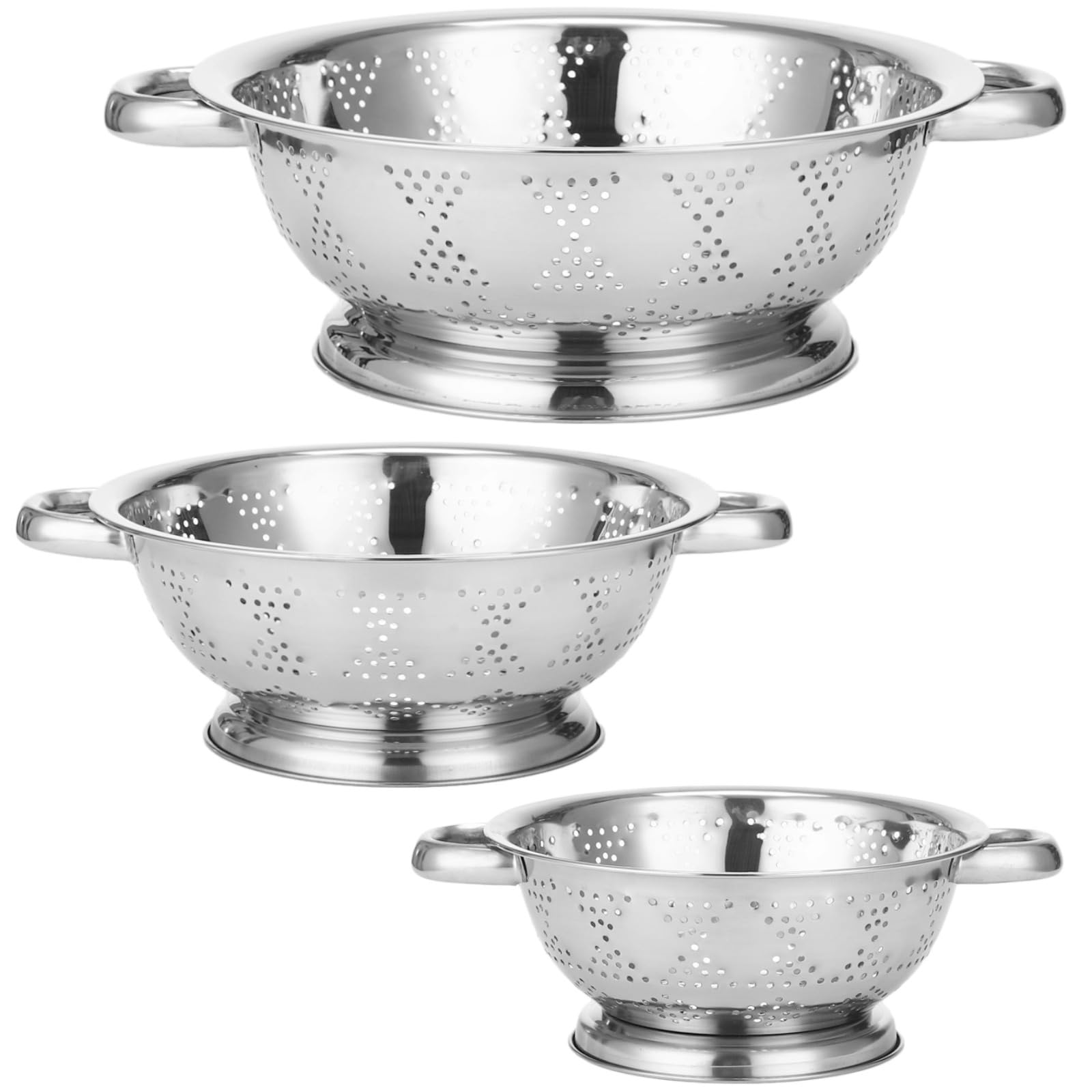 Küchensieb-Set, Edelstahl, 3-teilig, mehrere Größen: 20 cm, 24 cm, 27 cm, 27 cm, Spiegel-Finish, Doppelgriffe, stabiler Boden