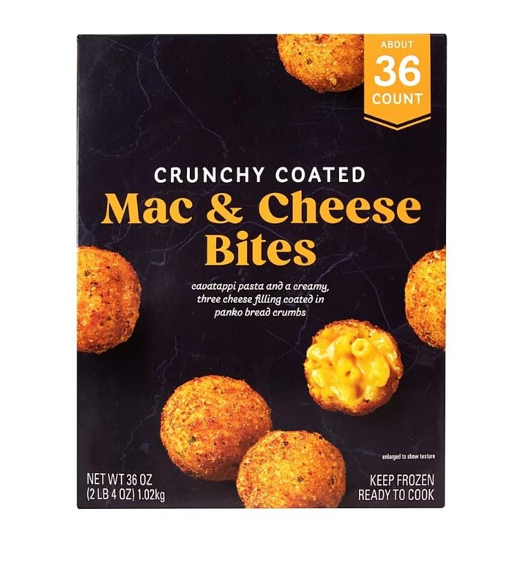 Mac and Cheese Bites , Cavatappi pasta and a creamy, three-cheese filling coated in panko bread crumbs. Crispy on the outside, creamy on the inside, this classic comfort food gets reimagined as a bite-sized appetizer. Warning: guests gobble these up as soon as you put them out, so you might want a second box… or three. Serve by themselves or with your favorite dipping sauce. [ 36 oz , 2.25 pound ] , 36 ct .