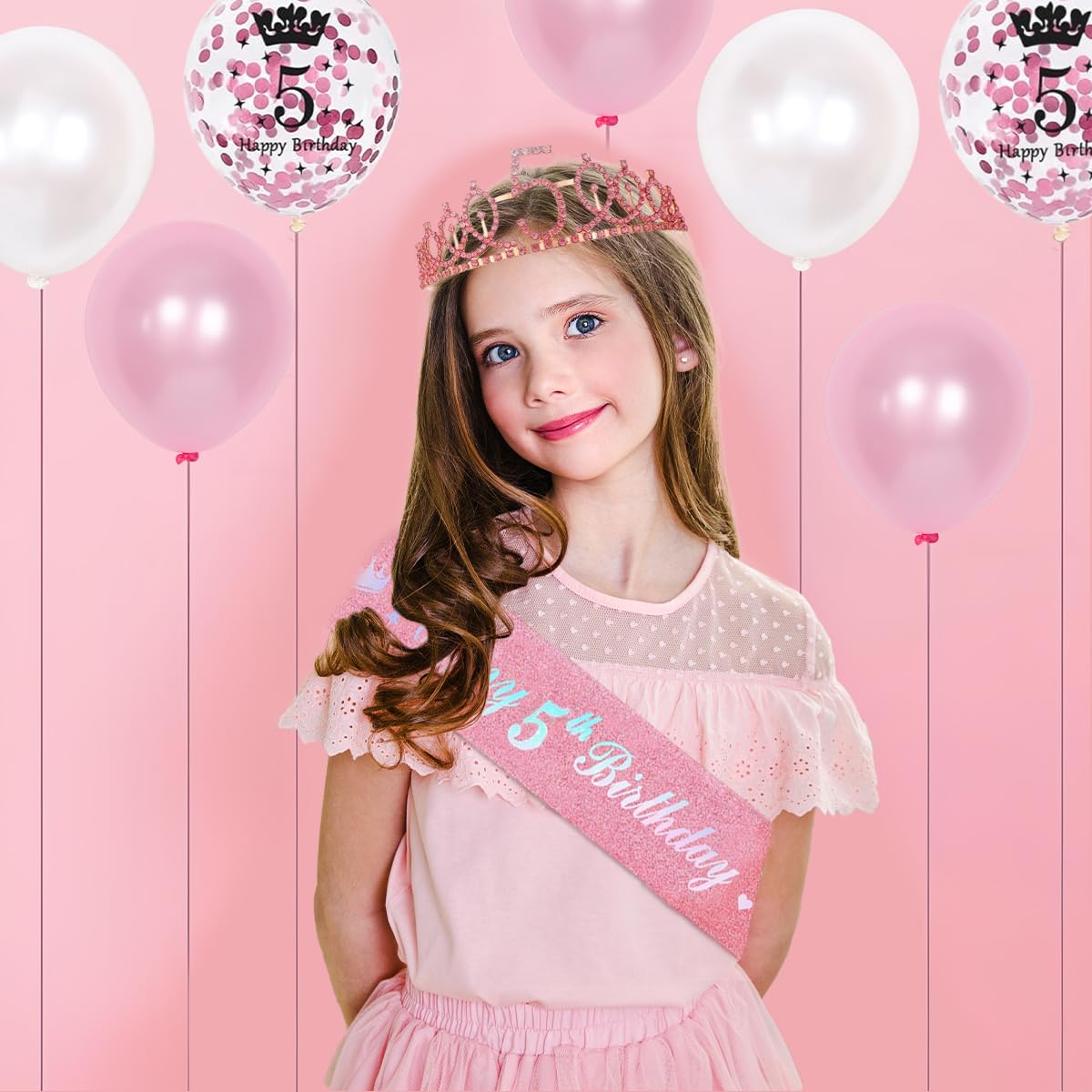 Décoration De 5e Anniversaire Pour Fille - Couronne Et écharpe Rose - Ballon De 5 Ans - Décoration De Gâteau Happy Birthday Avec Bougie - Couronne D'anniversaire Pour Fille De 5 Ans