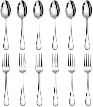 Artaste 56426 Rain 18/10 Stainless Steel Large Serving Spoons and Forks Set, 6 of Each, 12 Pieces, Silver
