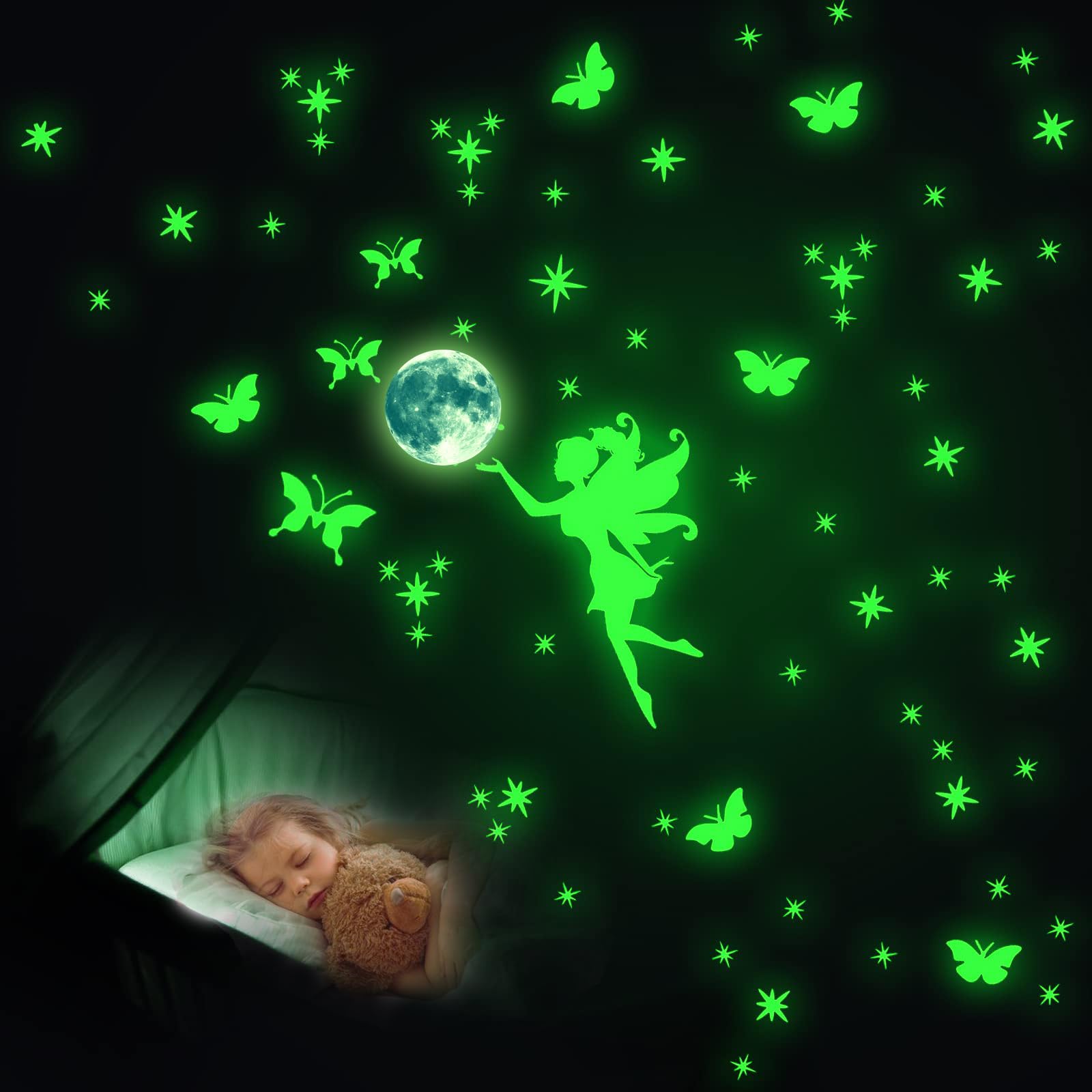 Feen Leuchtender Wandaufkleber, Leuchtsterne Selbstklebend Wandtattoo,Kinderzimmer Mädchen Leuchtsticker,Leuchtsticker Fee Wandsticker,Sternenhimmel Leuchtaufkleber für Babyzimmer Mädchen Dekoration