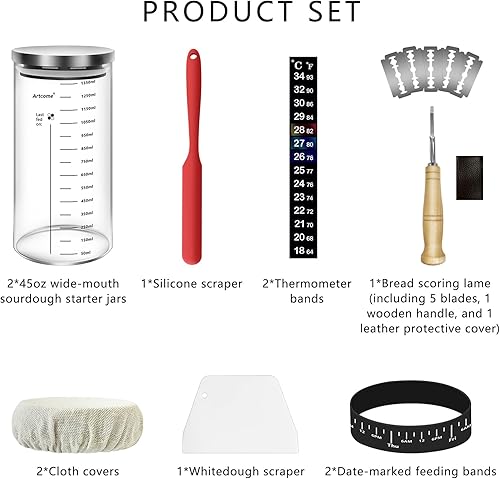 Miniatura 2 de Artcome Kit de tarro de inicio de masa madre con 2 frascos de vidrio, kit de tarro de inicio de masa madre profesional de 45 onzas, recipiente