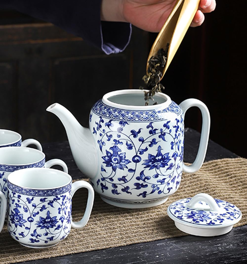 Mozacona Ceramic Teapot, Blue and White Tea Pot, Coffee Pot with Lid, 28oz