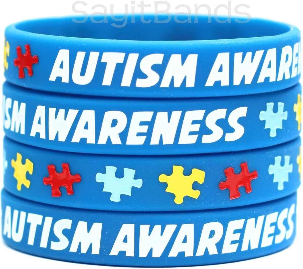 100 Autism Wristbands - Puzzle Piece Bracelets - Adult and Youth