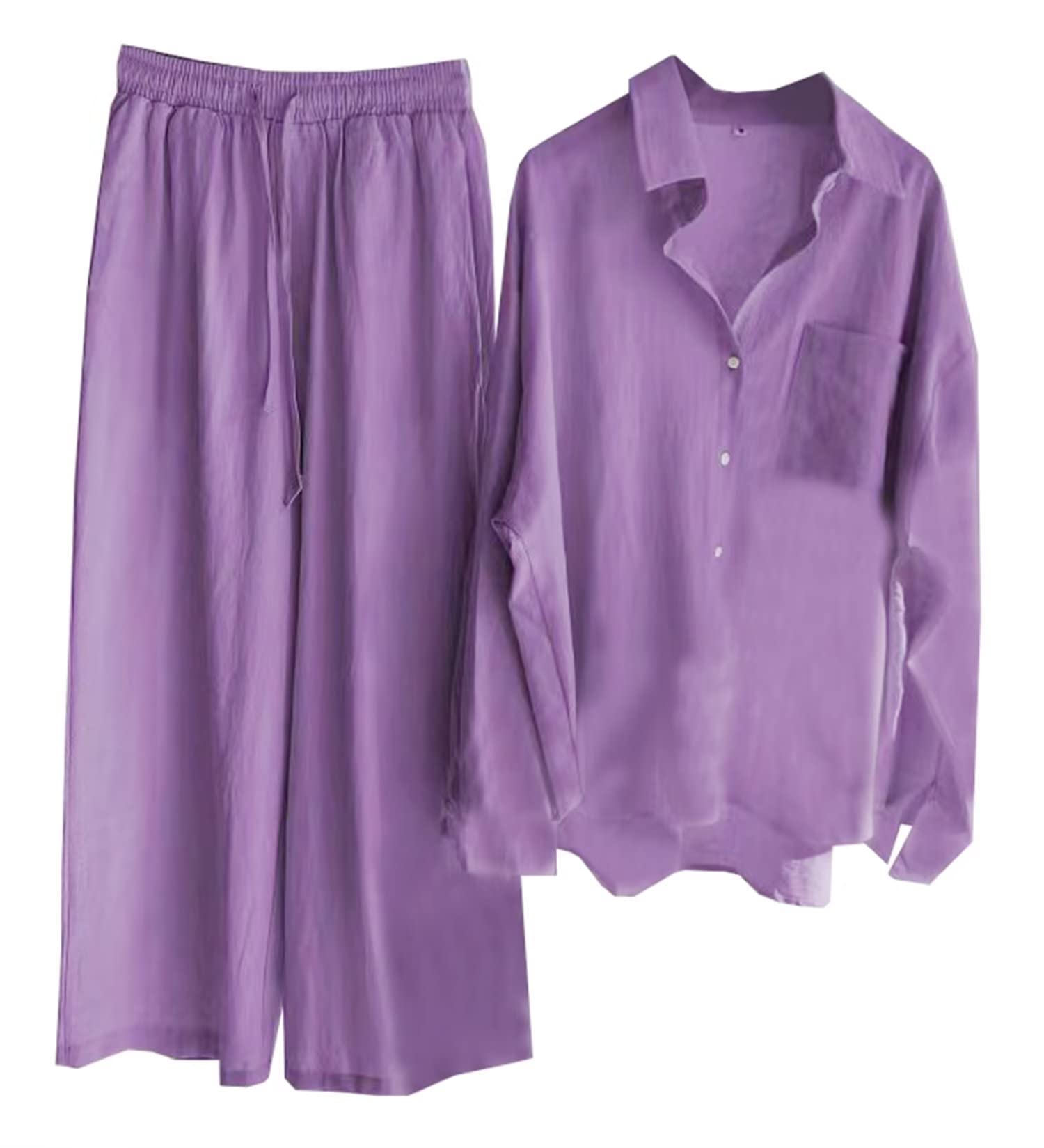 BeralstWomen's 2 Piece Set, Linen Button Down Shirt + Wide Leg Pants Tracksuit