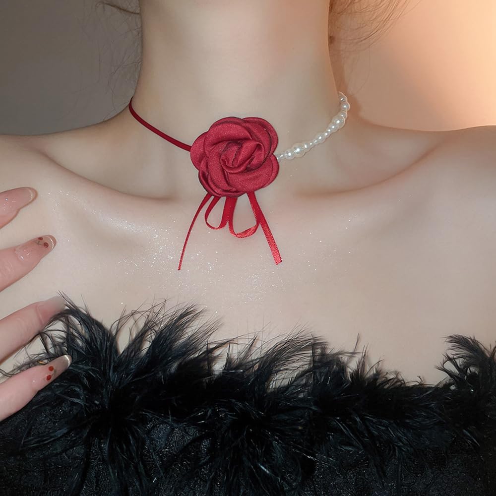 Kokoma Elegant Red Rose Pearl Choker Necklace for Women, Floral Ribbon Collar with Satin Flower Chokers Adjustable for Wedding Xmas Party - Image 2