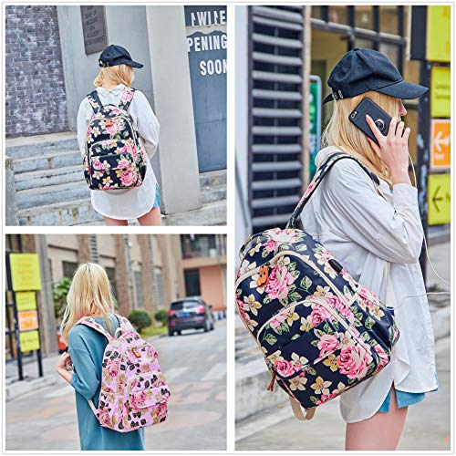 Image of Leaper Floral Backpack casual Bookbag Daypack USB Charging Port Dark Blue