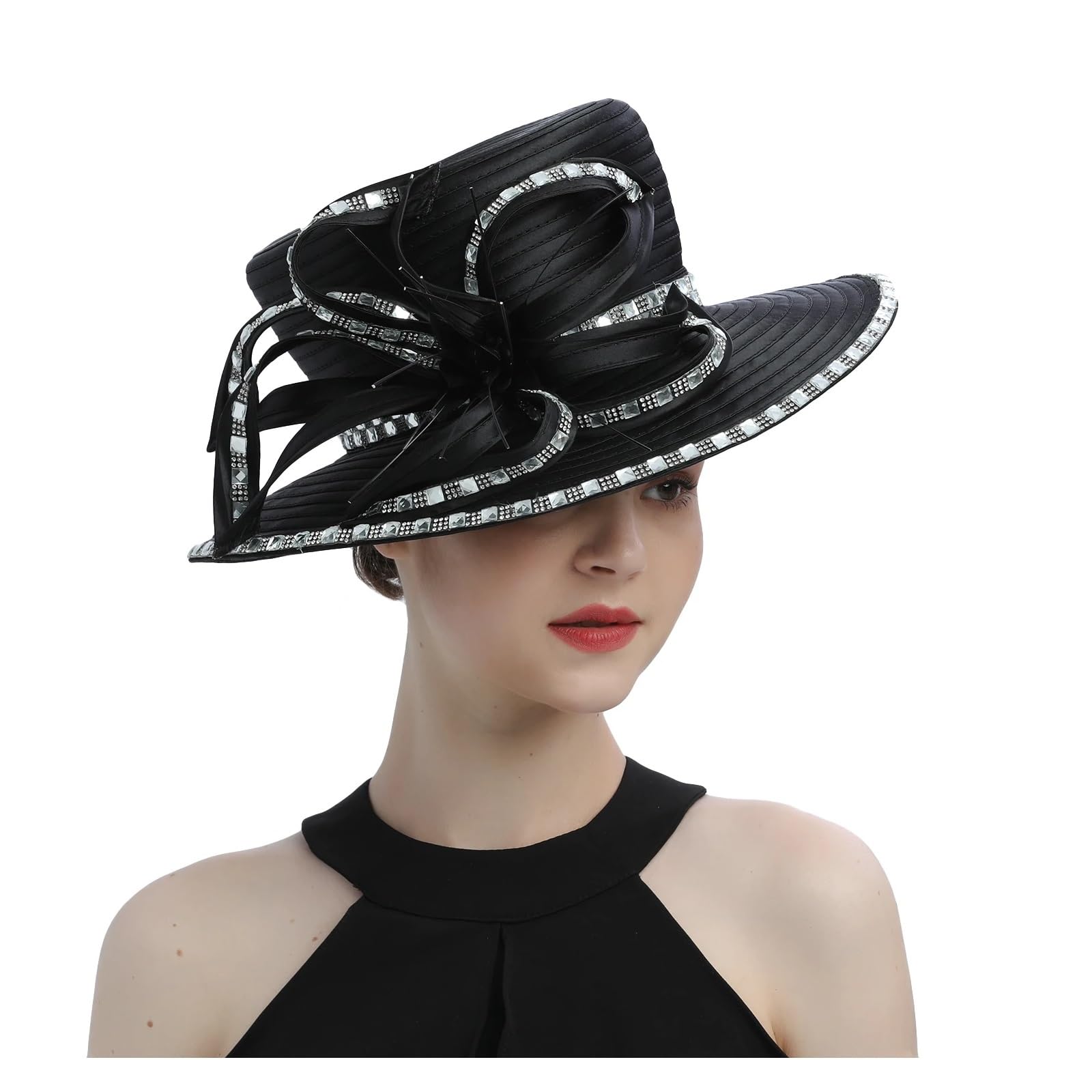Cappello da chiesa in raso con strass, perfetto for fotografia, cappello a cilindro donna, for banchetto, matrimonio, cerimonia per Cocktail, Matrimoni