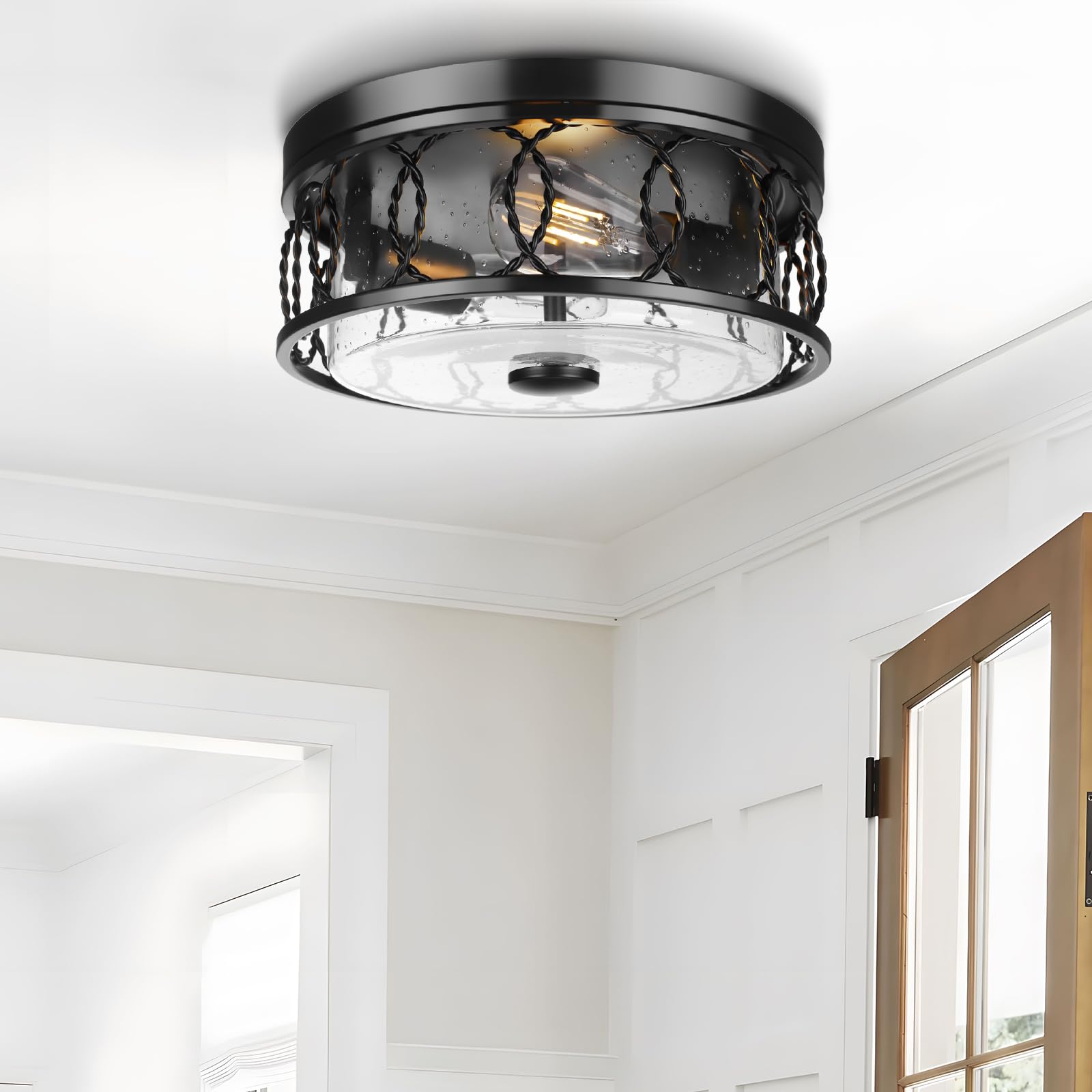 Farmhouse Flush Mount Ceiling Light - 11" Seeded Glass Fixture, Black Metal, ETL Listed, For Bedroom Kitchen - View #7