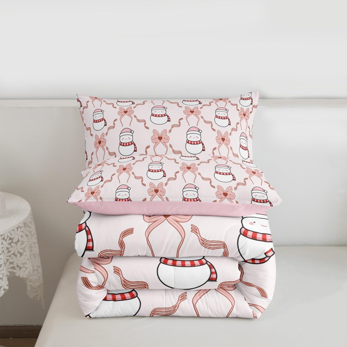 Feelyou Bow Bedding Set Soft for Boys Girls, Christmas Snowman Xmas Comforter Set Twin Size Cute Bowknot Duvet Quilt Microfiber Bedroom Decor 2 Pcs with 1 Pillow Cases