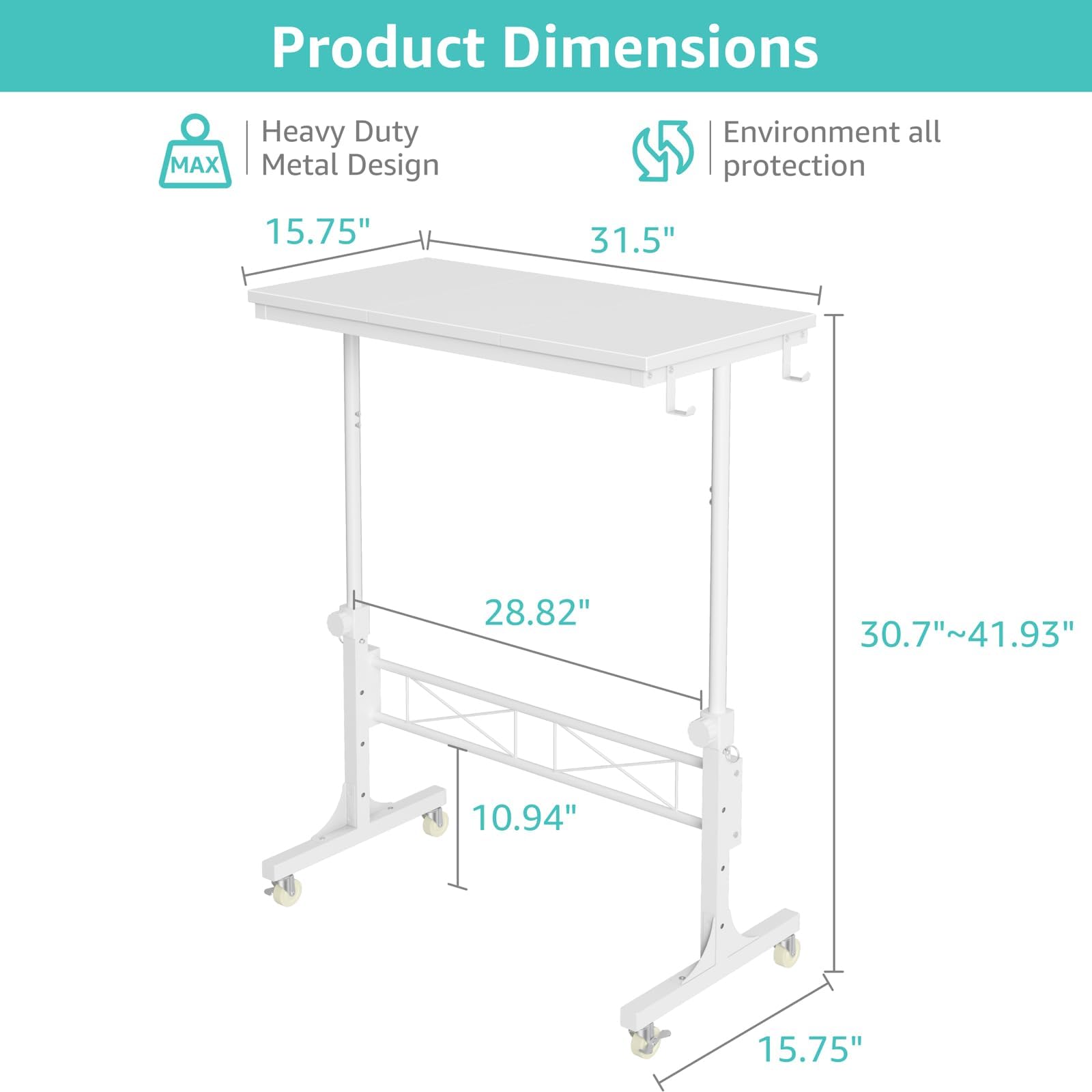 Small Portable Treadmill Walking Pad Desk on Wheels 32 Inch White Adjustable Height Mobile Rolling Standing Teacher Desks — view 3