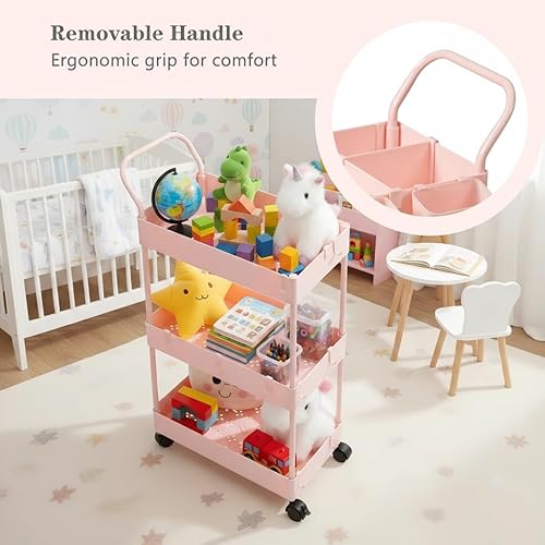 Miniatura 3 de danpinera Slim Storage Cart, 3 Tier Narrow Rolling Cart on Wheels Bathroom Organizer with Dividers Handle Hanging Cups Hooks for Laundry Room Blanco