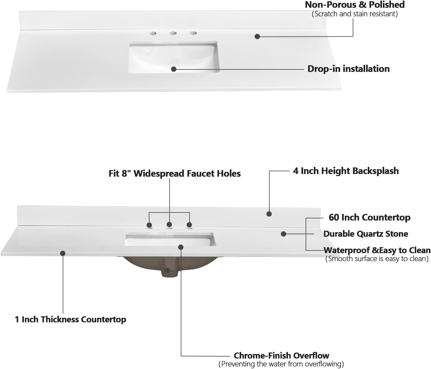 60"x22" Vanity Sink Top, Solid White Quartz Stone Vanity Top Single Bowl Sink 8 Inch Faucet Hole Spacing with Backsplash Countertops for Bathroom