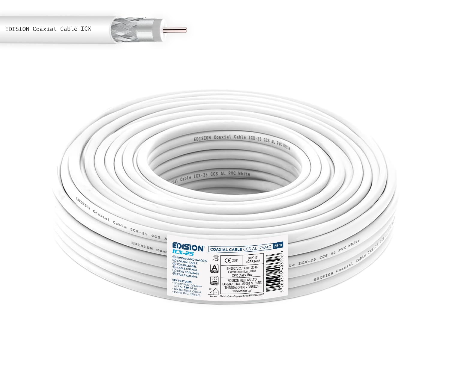 EDISION ICX-25 Câble coaxial 25m, Câble d'antenne TV Interne PVC Blanc, Acier Cuivré CCS/AL, 17VAtC, CPR Eca, Classe A, Câble Sat, pour DVB-S2, DVB-T/T2, DVB-C, RADIO, Bobine 25m