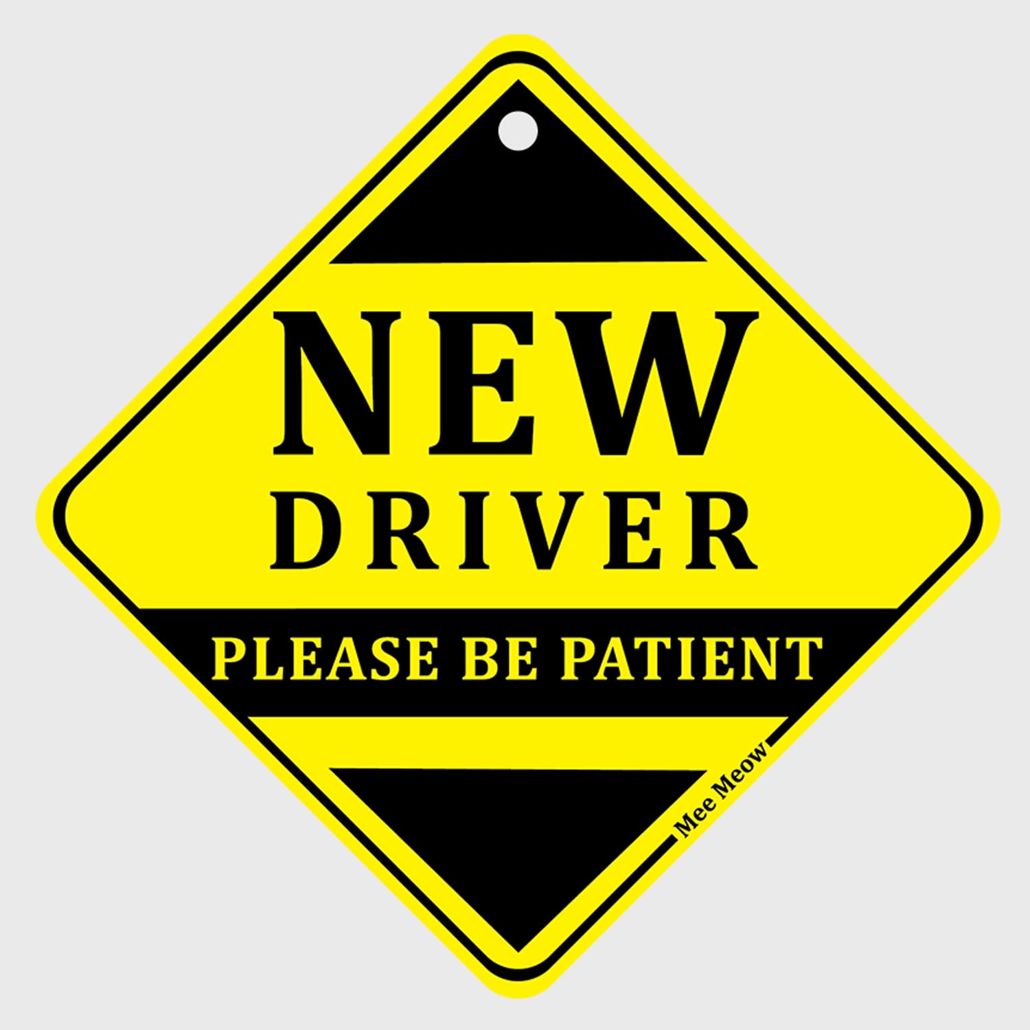 Mee Meow New Driver Safety Sign - 'Please Be Patient' Learner Driver Vehicle Board - Yellow-Red Weatherproof Decal with Vacuum Suction Cup Clip - Adorable Design for Maximum Visibility - Easy to Apply, Residue-Free