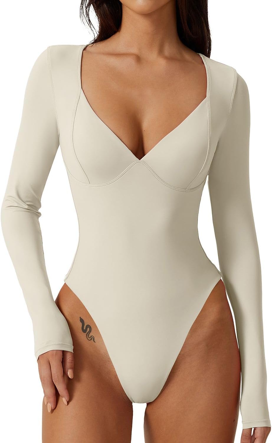 Women's Long Sleeve Bodysuit V Neck Body Suits Seamed Cup Going Out Tops Shirt
