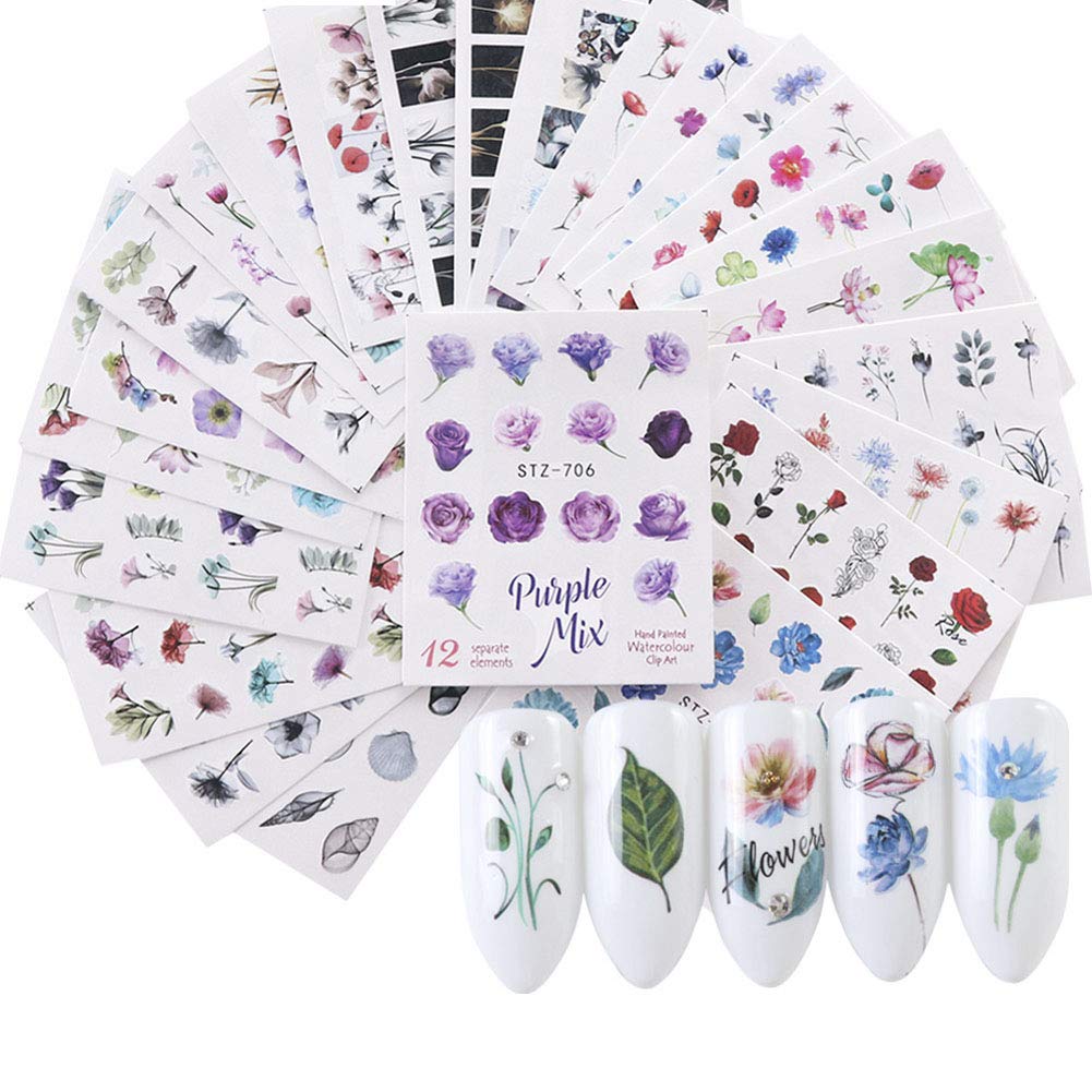 Nail Decals for Women Fingernail Decorations Nail Art Accessories 24 Sheets Nail Stickers with Assorted Patterns Water Transfer Blossom Flower Stickers Set Manicure Charms Tip Decor