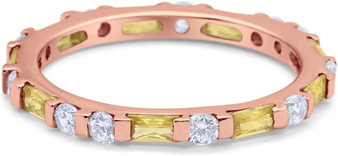 3mm Full Eternity Stackable Art Deco Wedding Band Baguette Round Cubic Zirconia 925 Sterling Silver