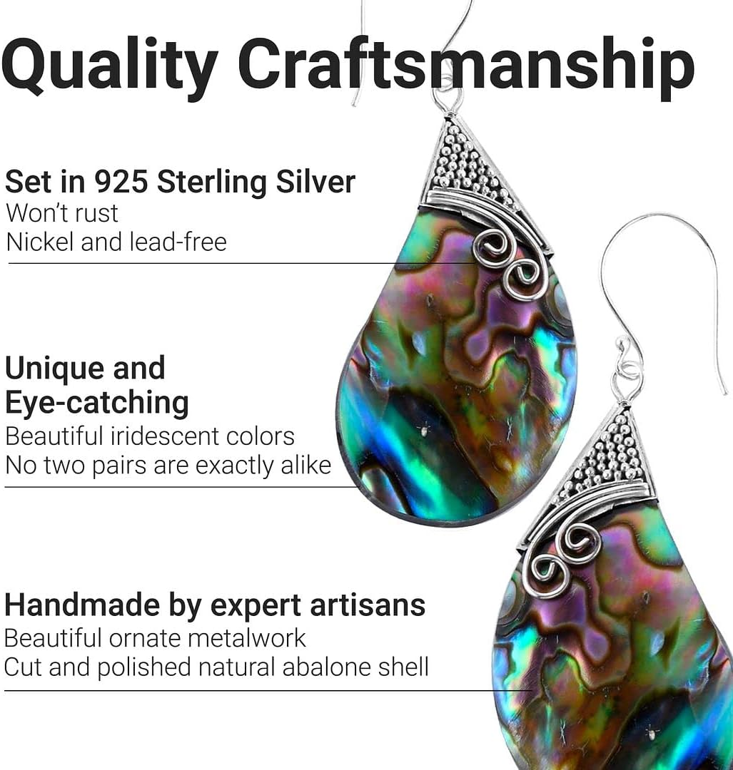 Abalone Shell Dangle Earrings for Women Sterling Silver 925 - Unique Vintage Beach Boho Earrings - Costume Jewelry Anniversary Birthday Christmas Gifts for Womens