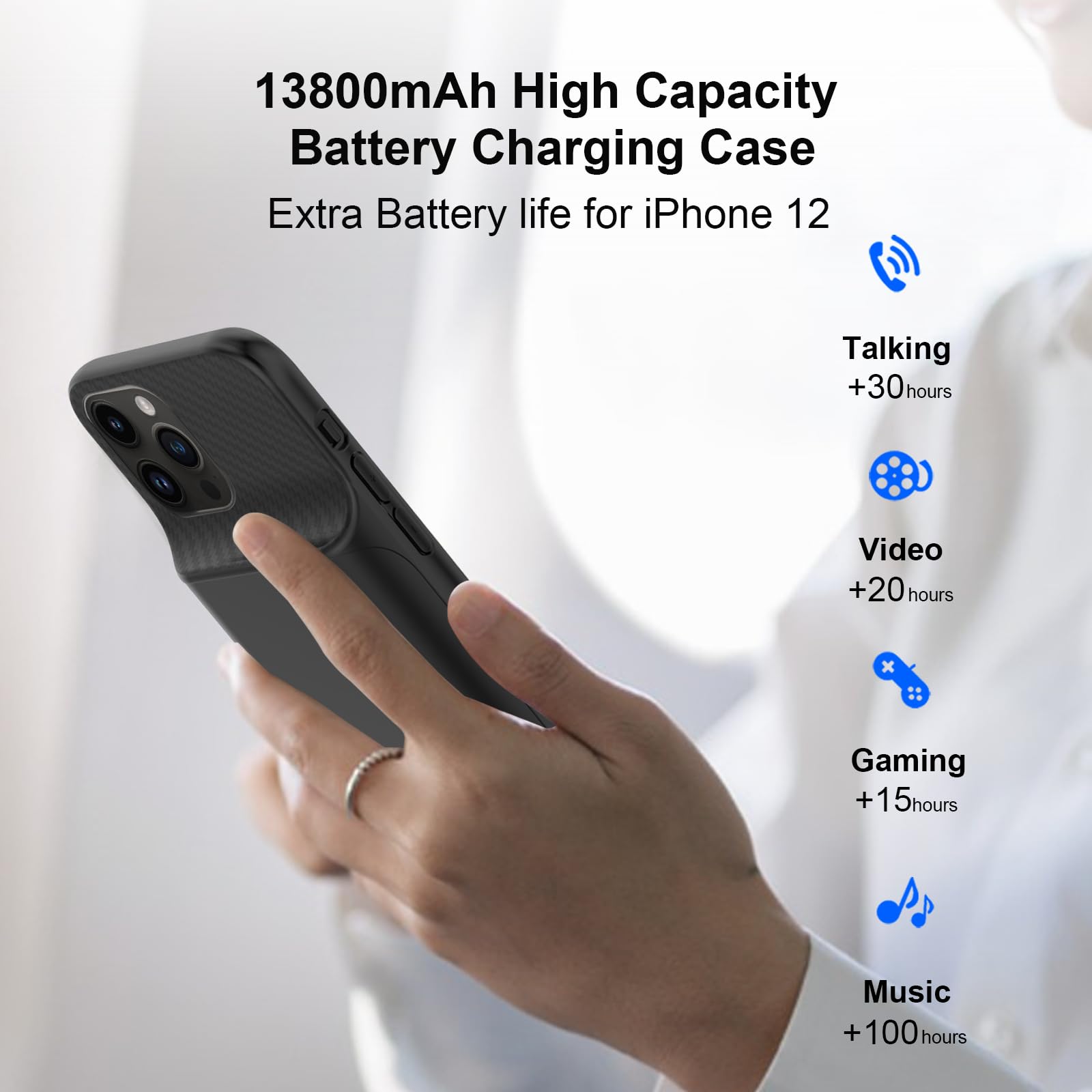 Custodia con batteria per iPhone 12/12 Pro da 6,1 pollici, 13800 mAh, ad alta capacità, con pellicola protettiva, colore nero