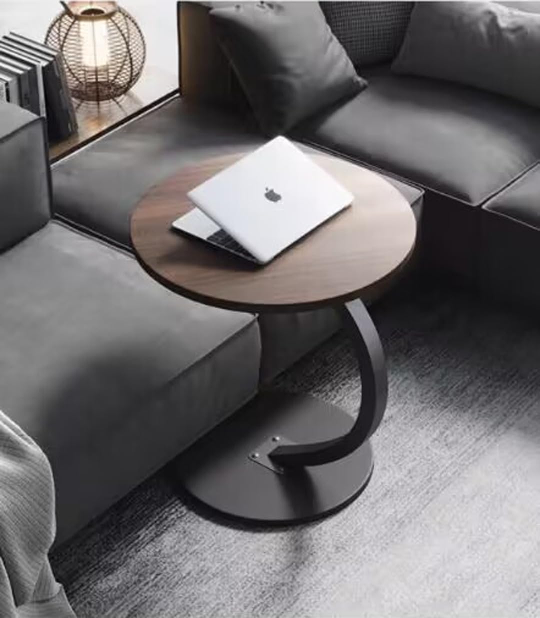 johgee Tavolino in legno, supporto a forma di C, diametro del piano 40 cm, bellissimo effetto noce, tavolino rotondo, tavolino per soggiorno, divano, legno