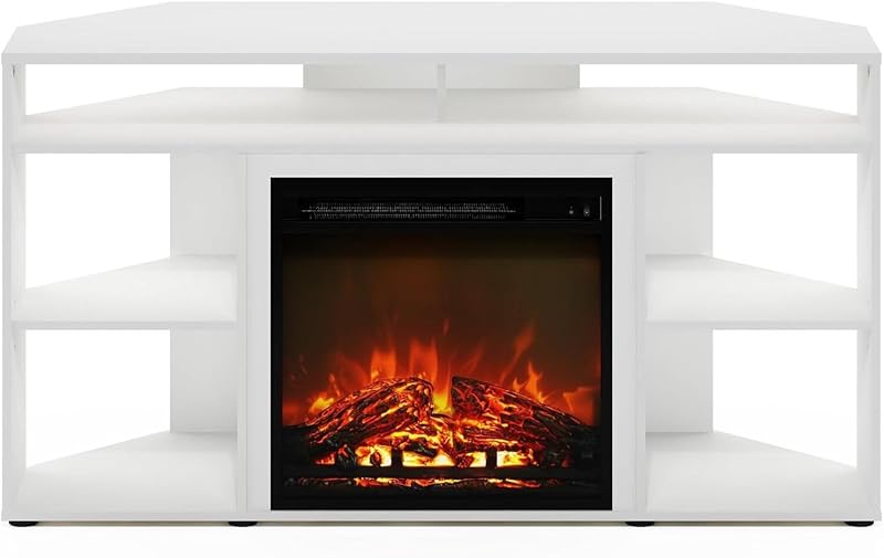 HomeStock Electric Fireplace TV Stand - Corner Entertainment Center for TVs up to 55 Inch White/Corner with Top Shelf image 4